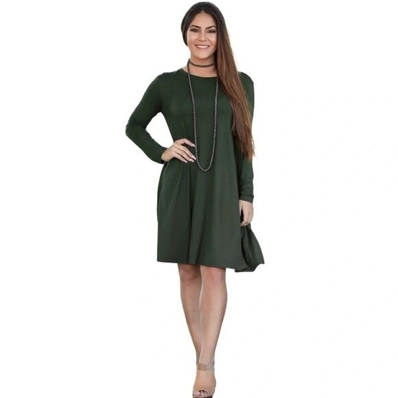 PIKO long sleeve olive green soft bamboo blend swing dress size medium - Picture 1 of 6